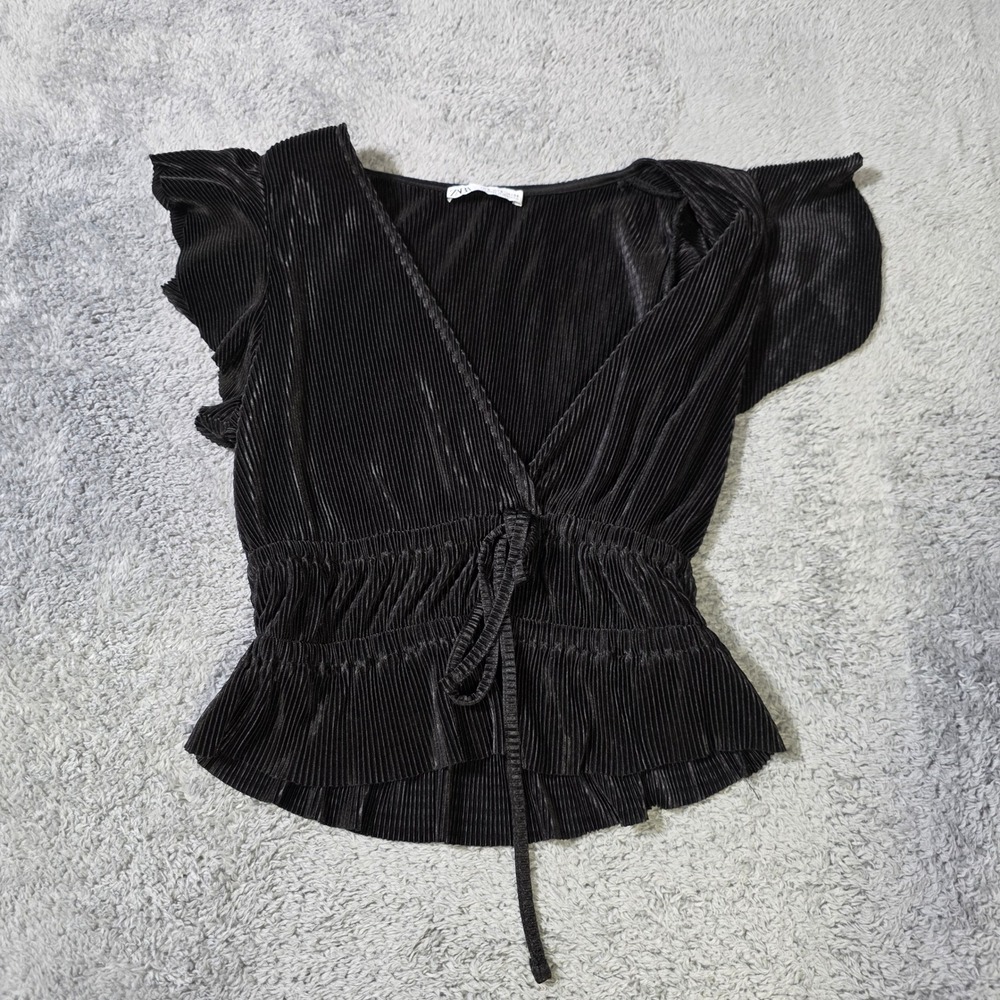 Zara Womens S Blouse Black Plisse Pleated Ruffle Sleeve Smocked Peplum Top